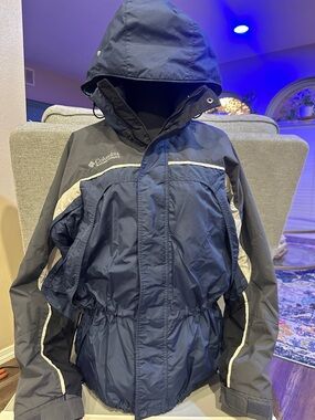 Vintage Columbia Navy and Gray Hooded Line Jacket Women Sz L